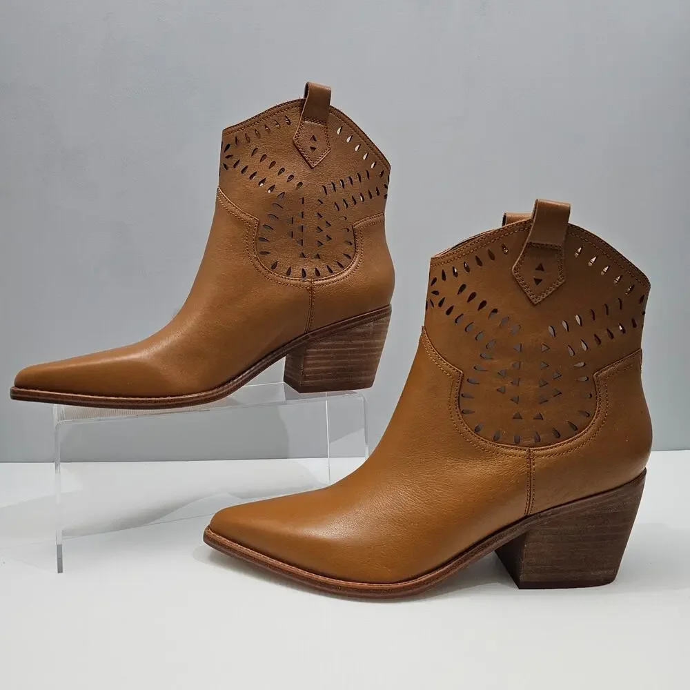 Marc Fisher LTD Elyma Ankle Boot Womens 10 Tan Leather Western Pointed Toe NEW